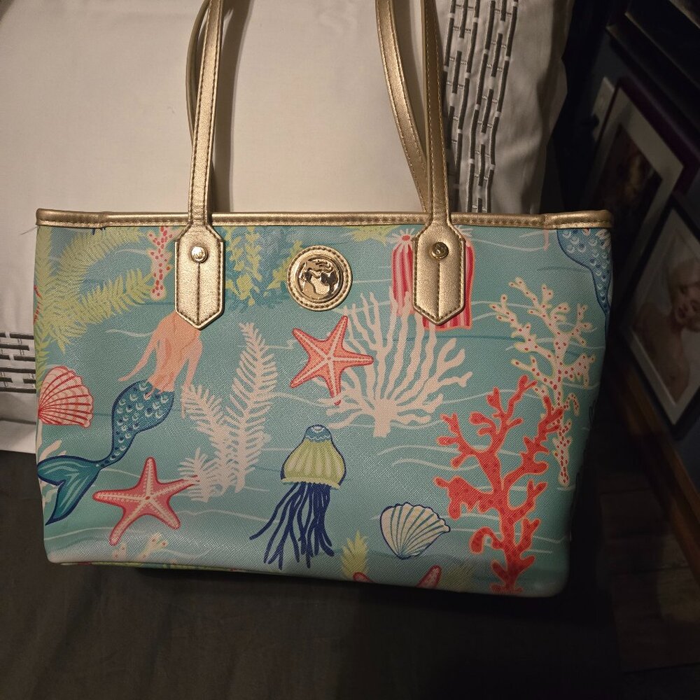 Spartina 449 Coastal Print Tote in Light Blue with Gold Handles